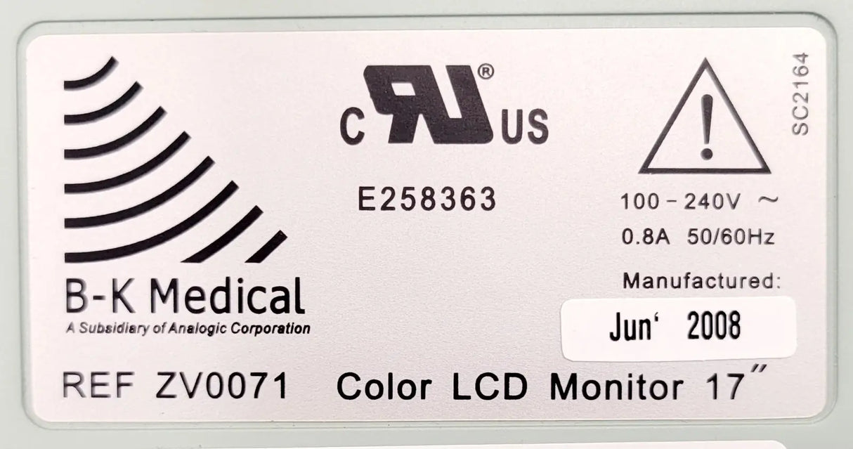 BK Medical ZV0071 17" Color LCD Monitor from 2202 Pro Focus Ultrasound System BK Medical