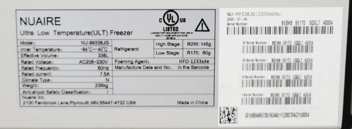 Nuaire NU-99338J Ultra Low-Temperature ULT Freezer -86°C-40°C 12 cu Nuaire