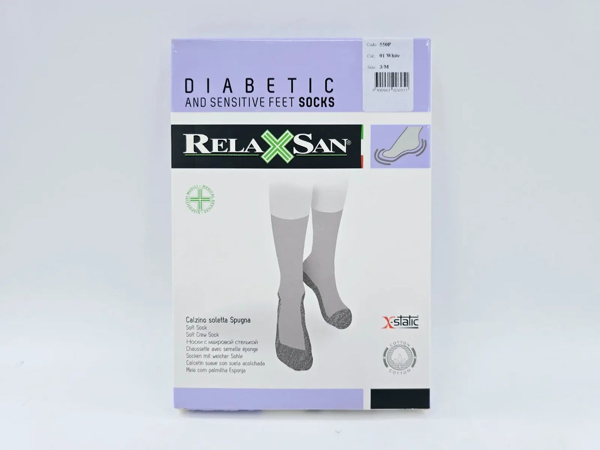 RelaxSan 550P Diabetic and Sensitive Feet Soft Crew Socks, White, Size 3/M NEW RelaxSan