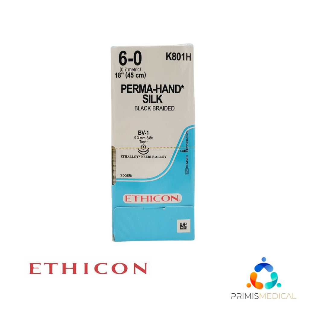 Ethicon K801H 6-0 Perma Hand Silk Black Braided Box of 36 EXP 02-28-2026