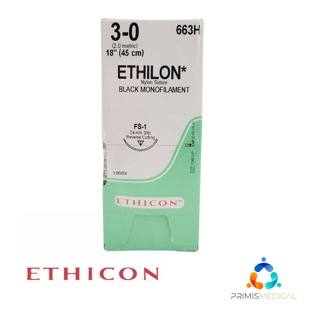 Ethicon 663H 3-0 Ethilon Black 1 x 18" FS-1 Box of 36 EXP 03-31-2028
