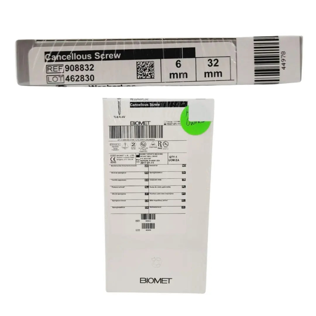 Biomet 908832 Ti-6AI-4V WasherLoc Cancellous Screw 6mm x 32mm Biomet