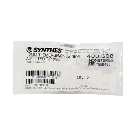 Synthes 400.608 1.2mm TI Emergency Screw w/Fluted Tip 8mm 5PK Synthes