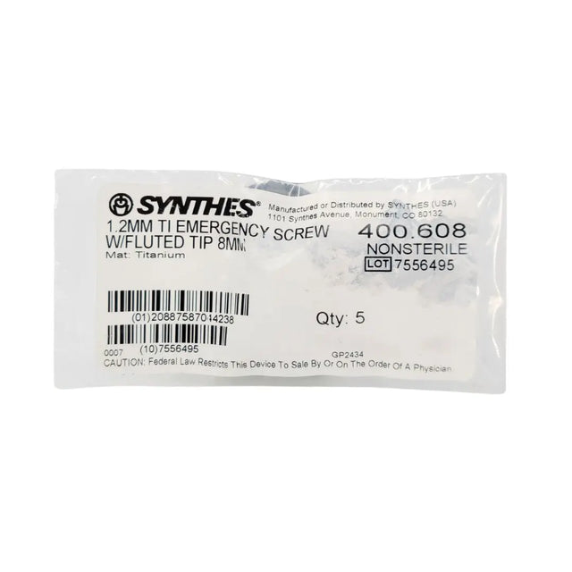 Synthes 400.608 1.2mm TI Emergency Screw w/Fluted Tip 8mm 5PK Synthes