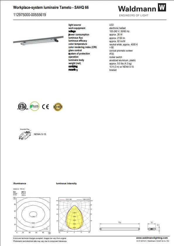 Waldmann Tameto LED, 26W LED, 100-240V (37.6") Waldmann Lighting