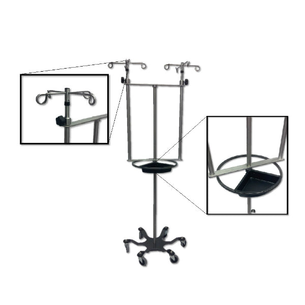 MidCentral Medical MCM-286 Stainless Steel Double IV Pole W/Thumb Knob, 4 Hook Top, 6-Leg Spider Base, 3" casters, steering wheel