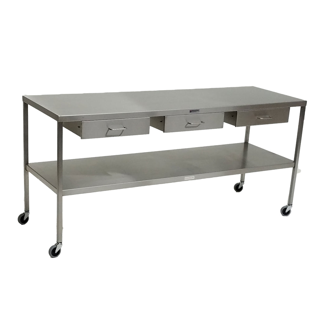 Midcentral Medical MCM-549 Stainless Steel Instrument Table with Shelf and Drawers under top 24" W x 72" L x 34" H, 3 drawers