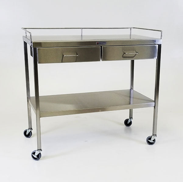 Midcentral Medical MCM-524 Stainless Steel Utility Table 20"w x 38"l x 34"H, with 2 Drawers and 3-Sided Guardrail