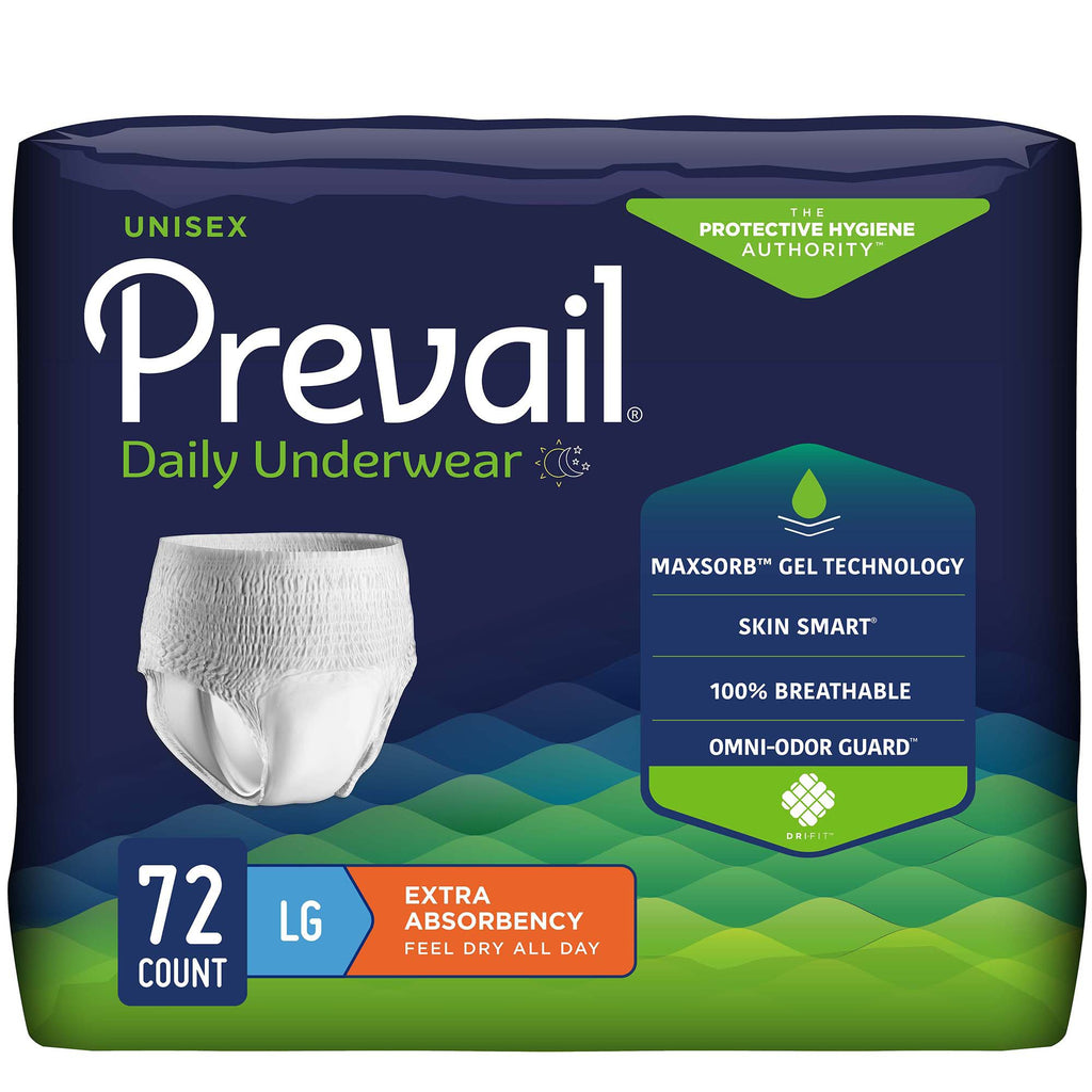 Prevail Daily Underwear Extra Absorbent Underwear, Large Case of 72
