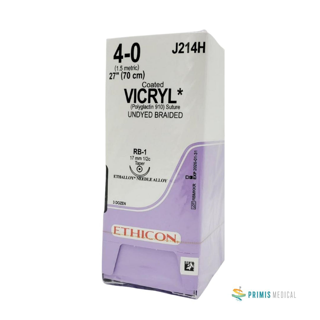 Ethicon J214H 4-0 Coated Vicryl Undyed Braided Suture Box of 36