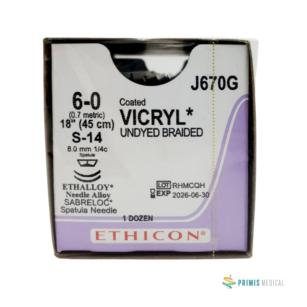 Ethicon J670G 6-0 Coated Vicryl Undyed Suture Box of 12