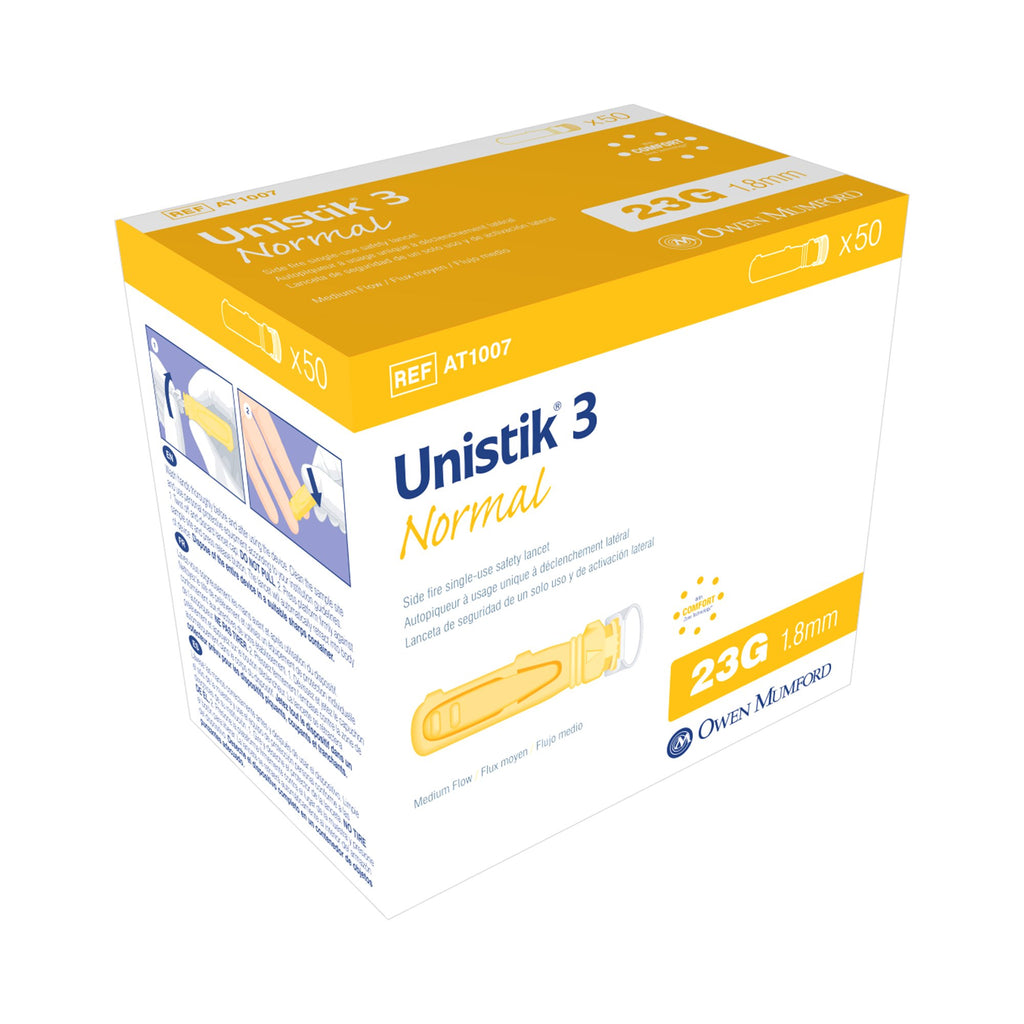 Unistik 3, Normal Safety Lancet, Side Firing, 23 Gauge, Box of 50