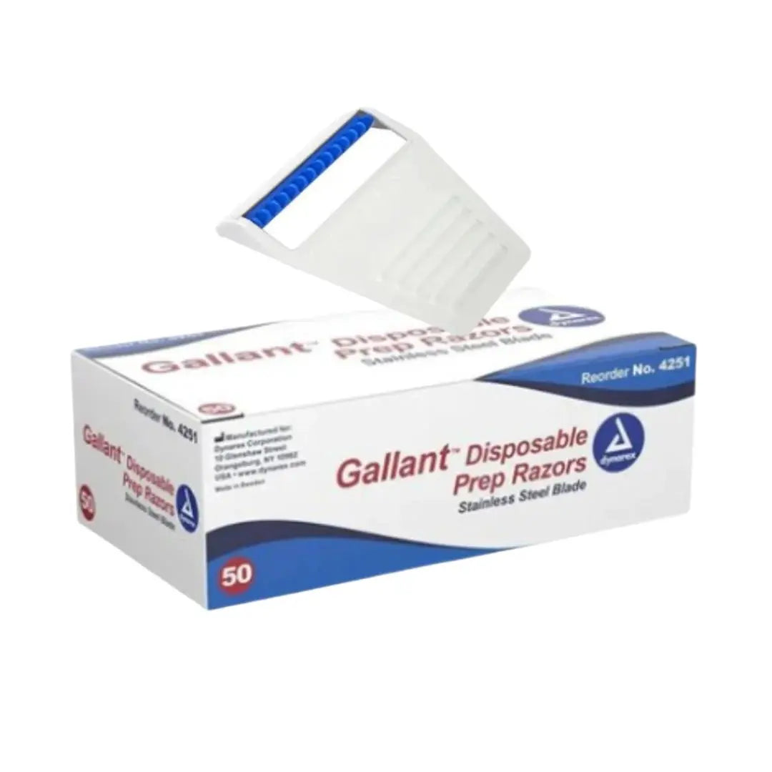 Dynarex Disposable Gallant Prep Razors White and Blue Box of 50 Dynarex