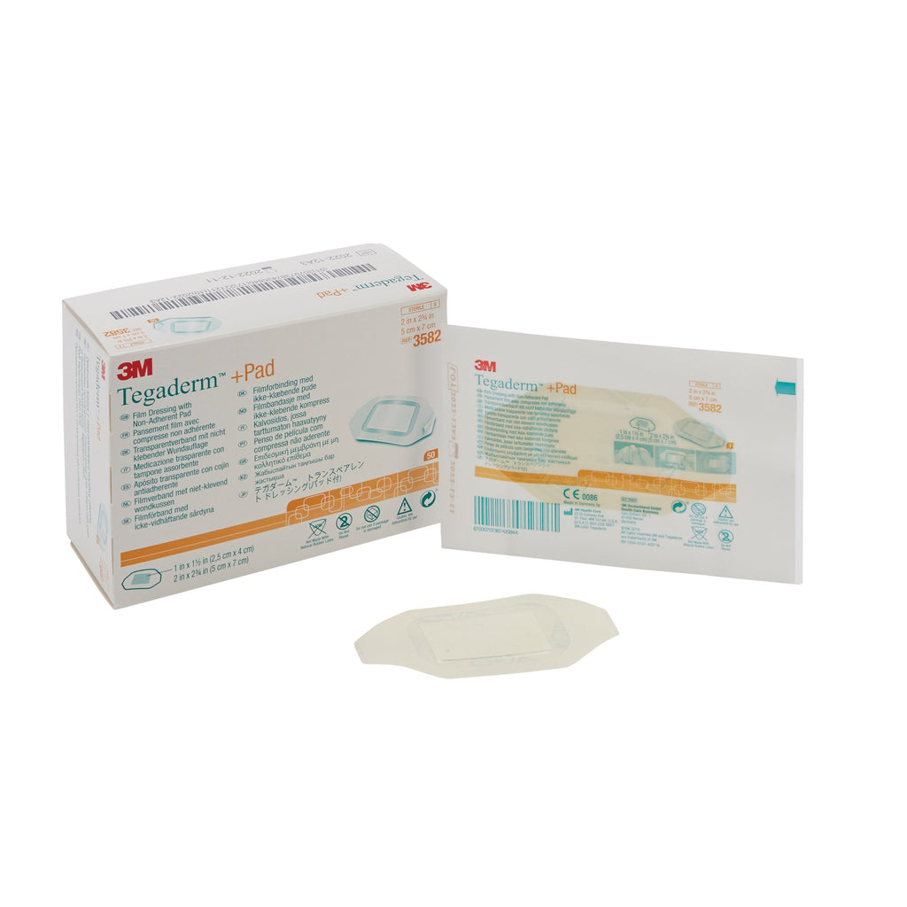 Tegaderm Film Dressing with Pad, Sterile, Transparent, 2 x 2-3/4 inch, Box of 50