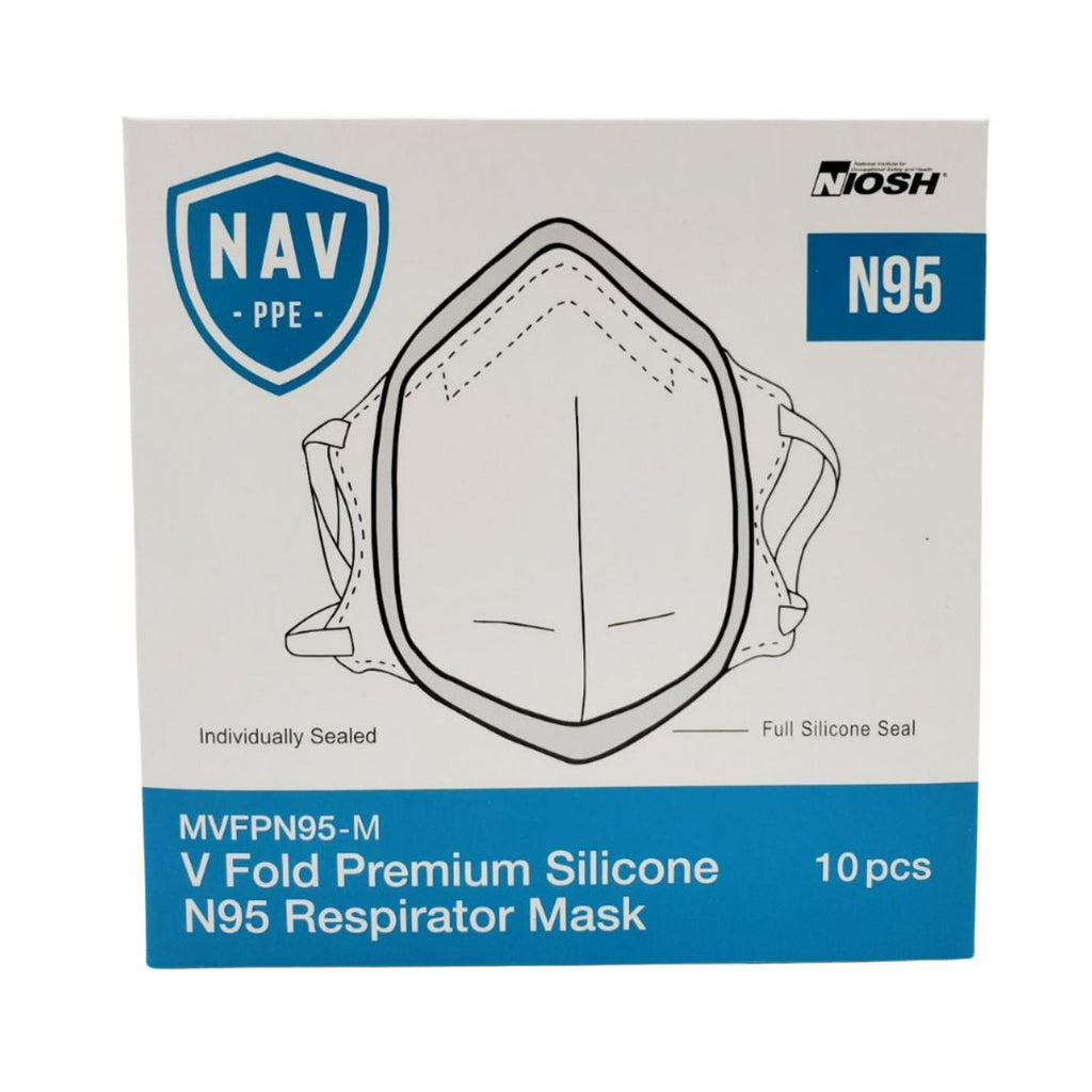 AOK NAV N95 Face Mask NIOSH Approved V Fold w/ Soft Silicone Seal Medium -10Pk
